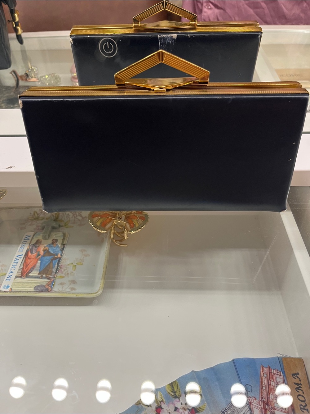 Evans Navy blue Clutch with Gold art deco Frame - Classic Evening Wristlet